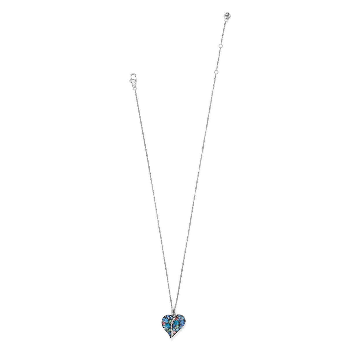 Brighton pendant necklace with multicolor crystal heart charm and silver-plated twisted chain on a white background