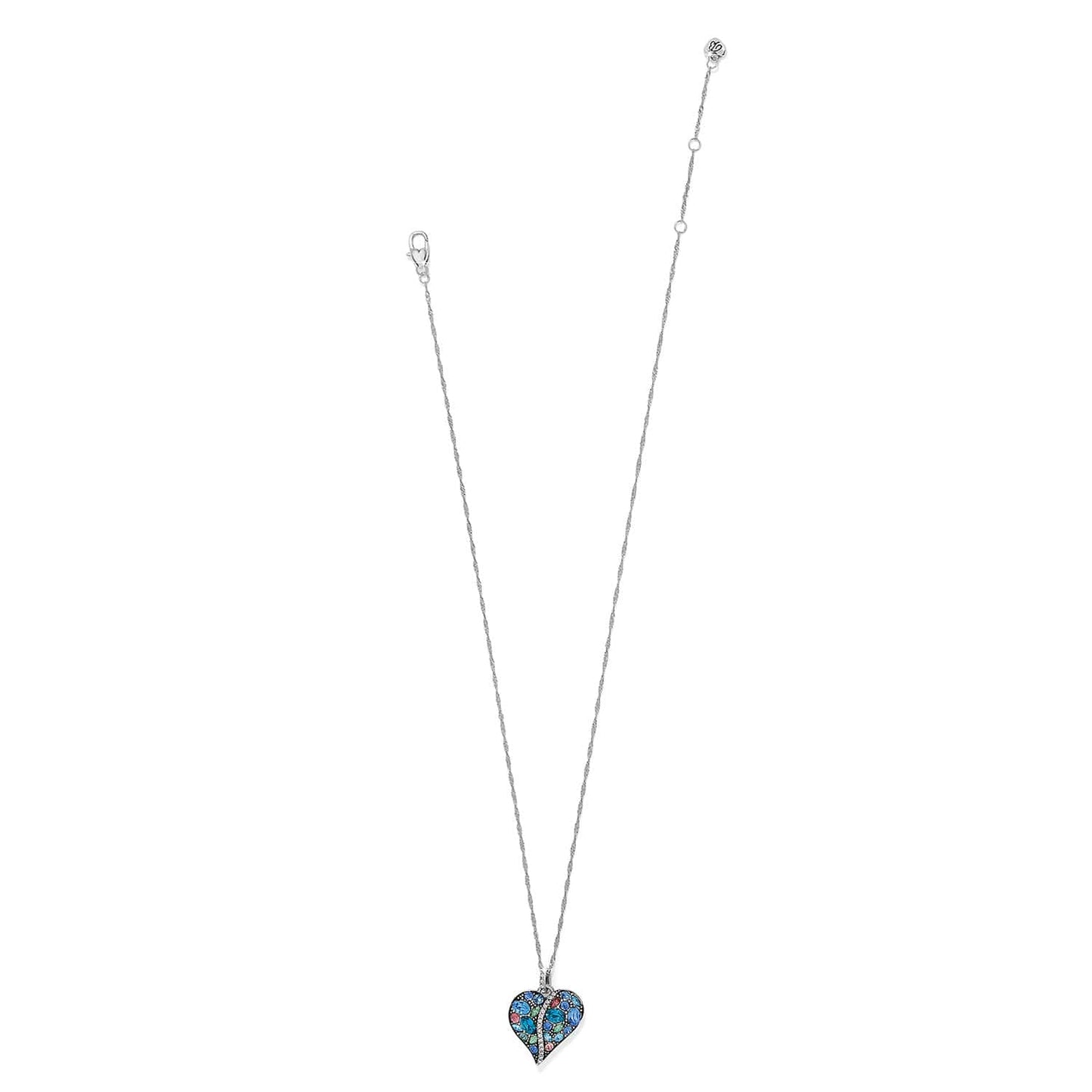 Brighton pendant necklace with multicolor crystal heart charm and silver-plated twisted chain on a white background