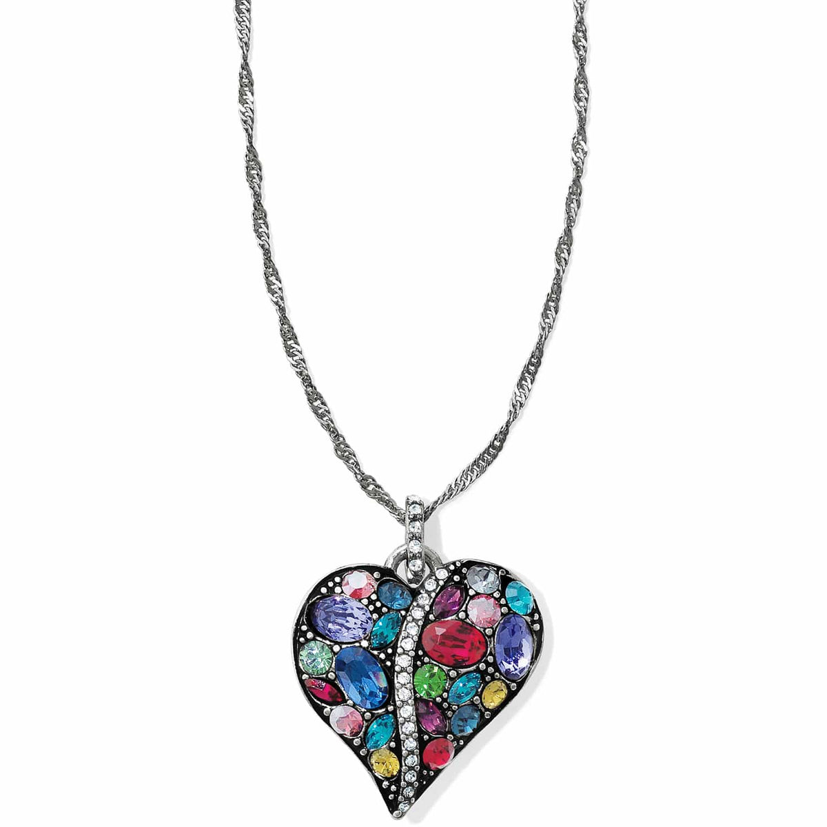 Brighton pendant necklace with silver-plated heart of multicolored crystals on a twisted chain on a white background
