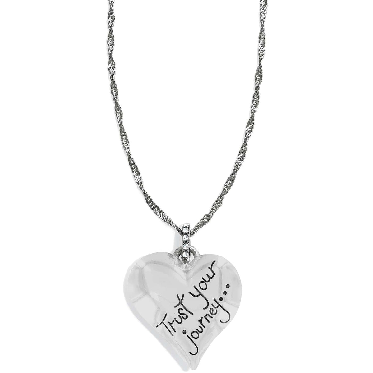Brighton heart pendant necklace with silver-plated finish, engraved Trust Your Journey, and crystal-accented bail on a white background