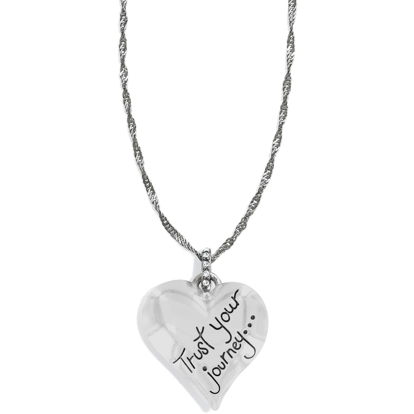 Brighton heart pendant necklace with silver-plated finish, engraved Trust Your Journey, and crystal-accented bail on a white background