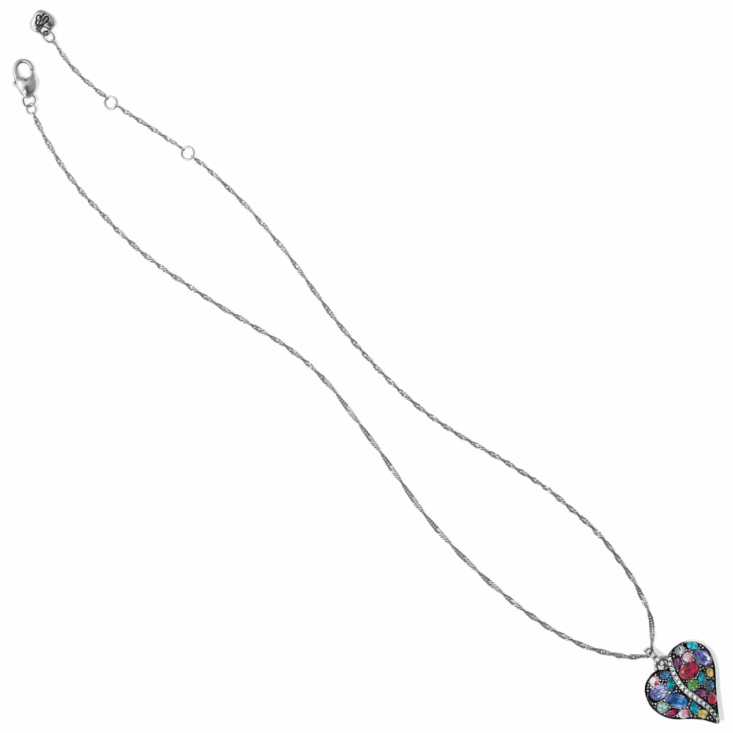 Brighton heart pendant necklace with multicolor crystals and silver-plated twisted chain on a white background