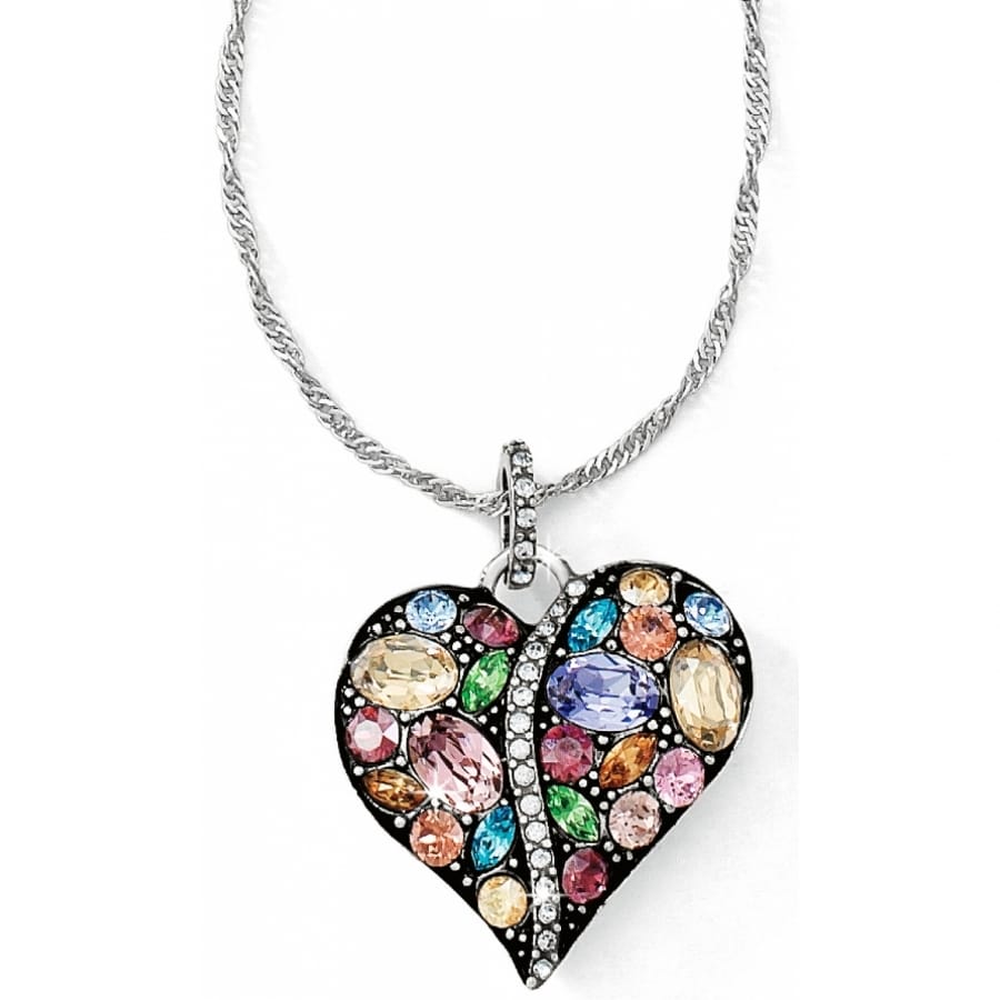 Brighton heart pendant necklace with multicolored crystals and silver-plated chain on a white background