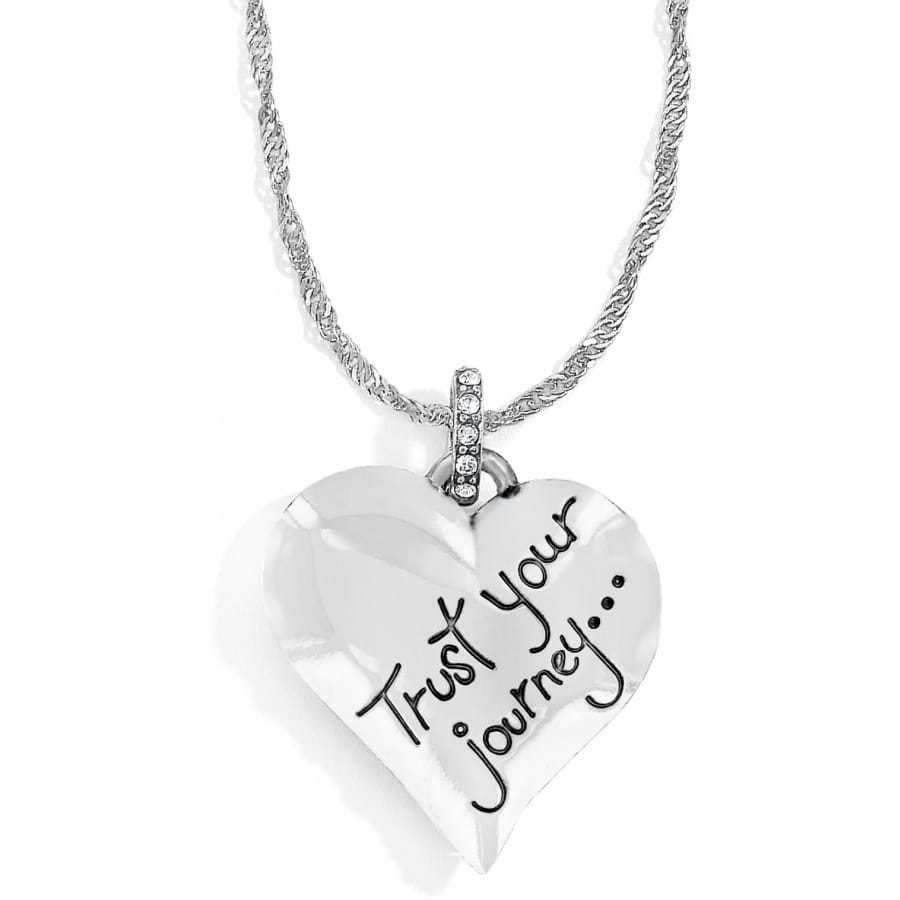 Brighton heart pendant necklace engraved with Trust Your journey, silver-plated bail with crystals, on a white background