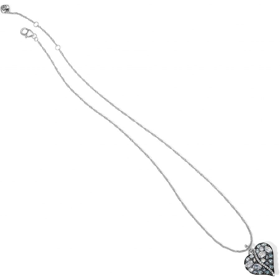 Brighton pendant necklace with silver-plated chain and crystal-encrusted heart pendant in blue tones on a white background