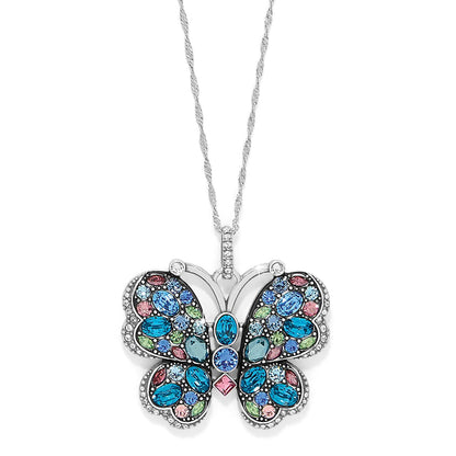 Brighton butterfly pendant necklace with blue, green, and pink crystals and silver-plated chain on a white background