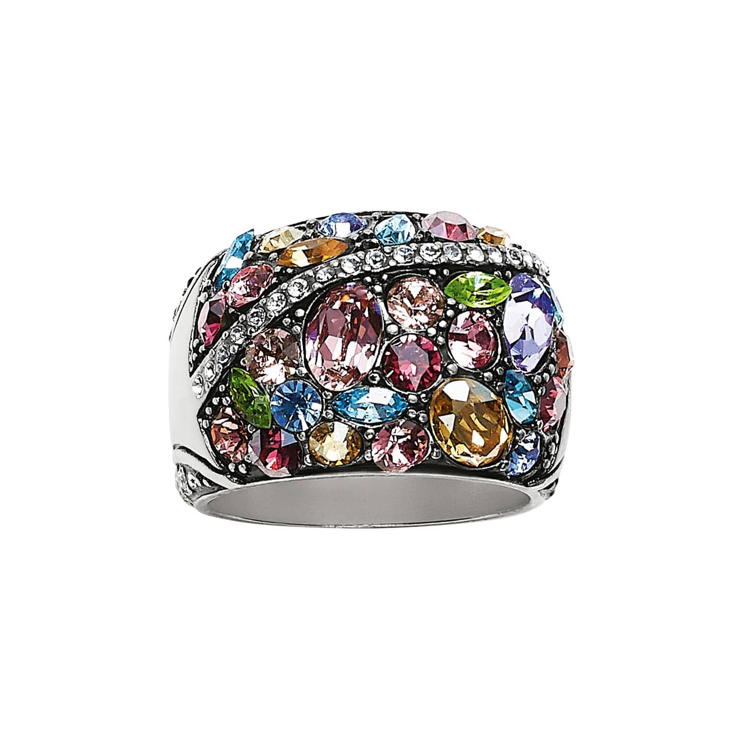 Brighton ring with multicolored crystals in pink, blue, purple, green, and amber tones with silver-plated band on a white background