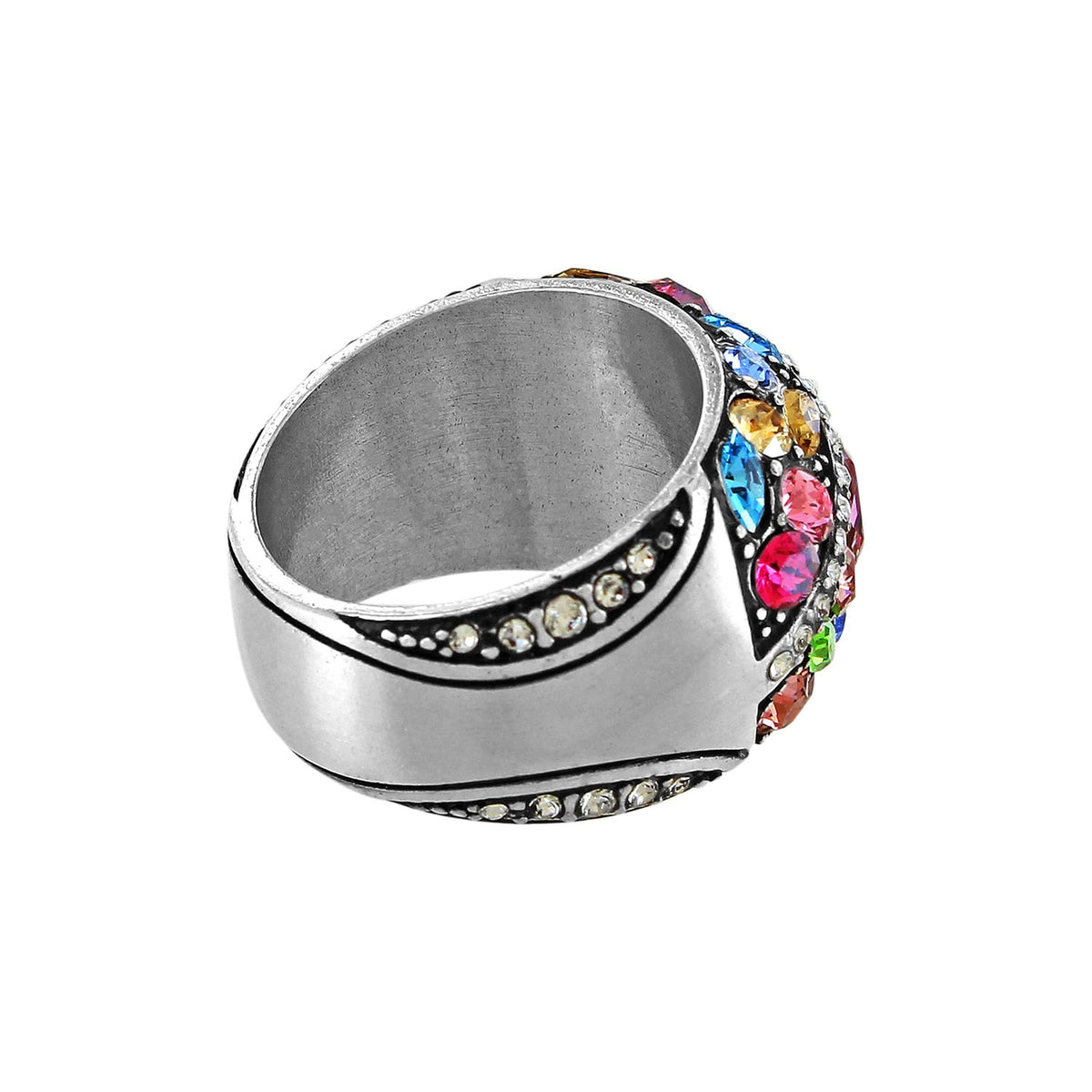 Brighton ring with multicolored crystals and silver-plated band with crystal accents along the sides on a white background