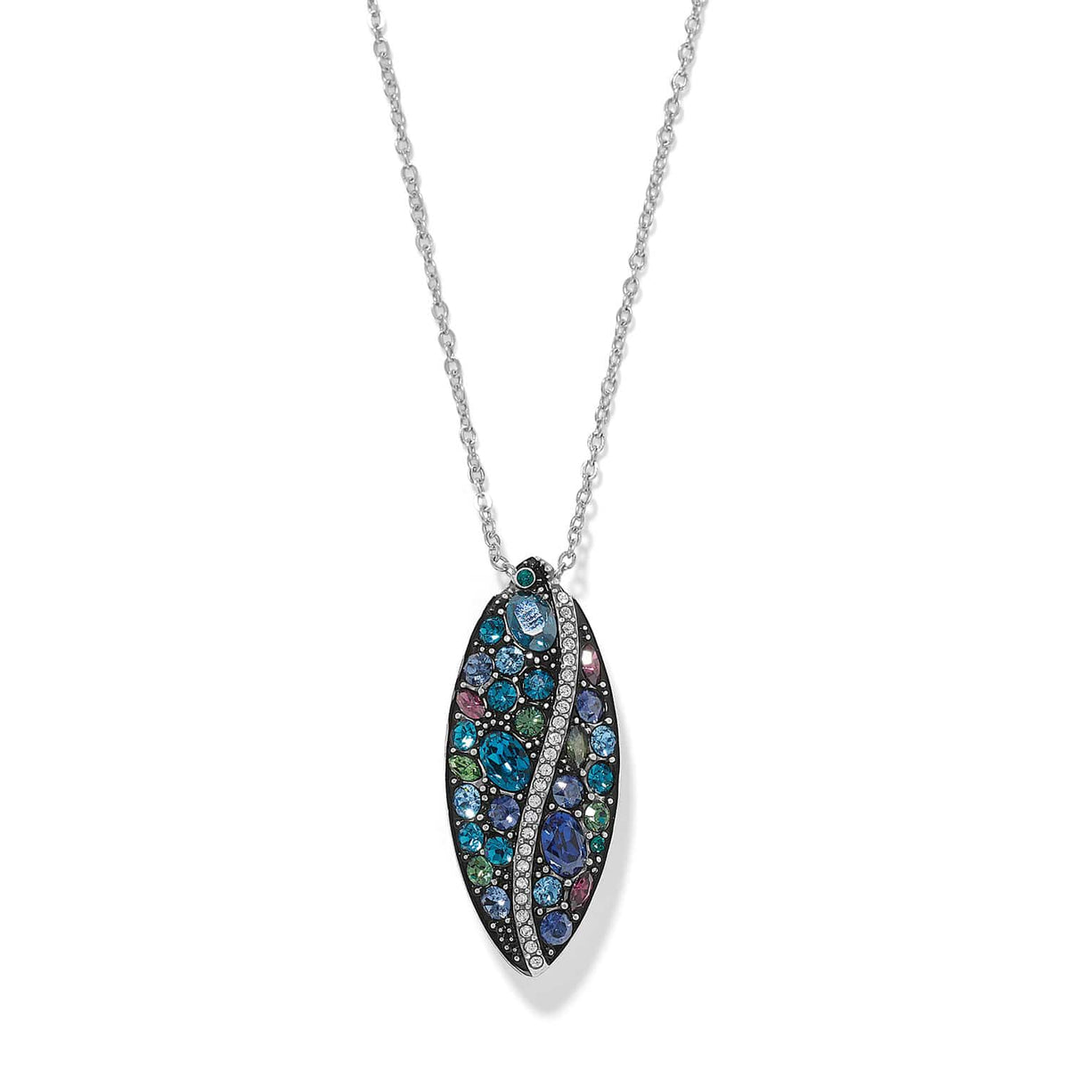 Brighton pendant necklace with blue, green, and pink crystals in silver-plated marquise setting on a white background