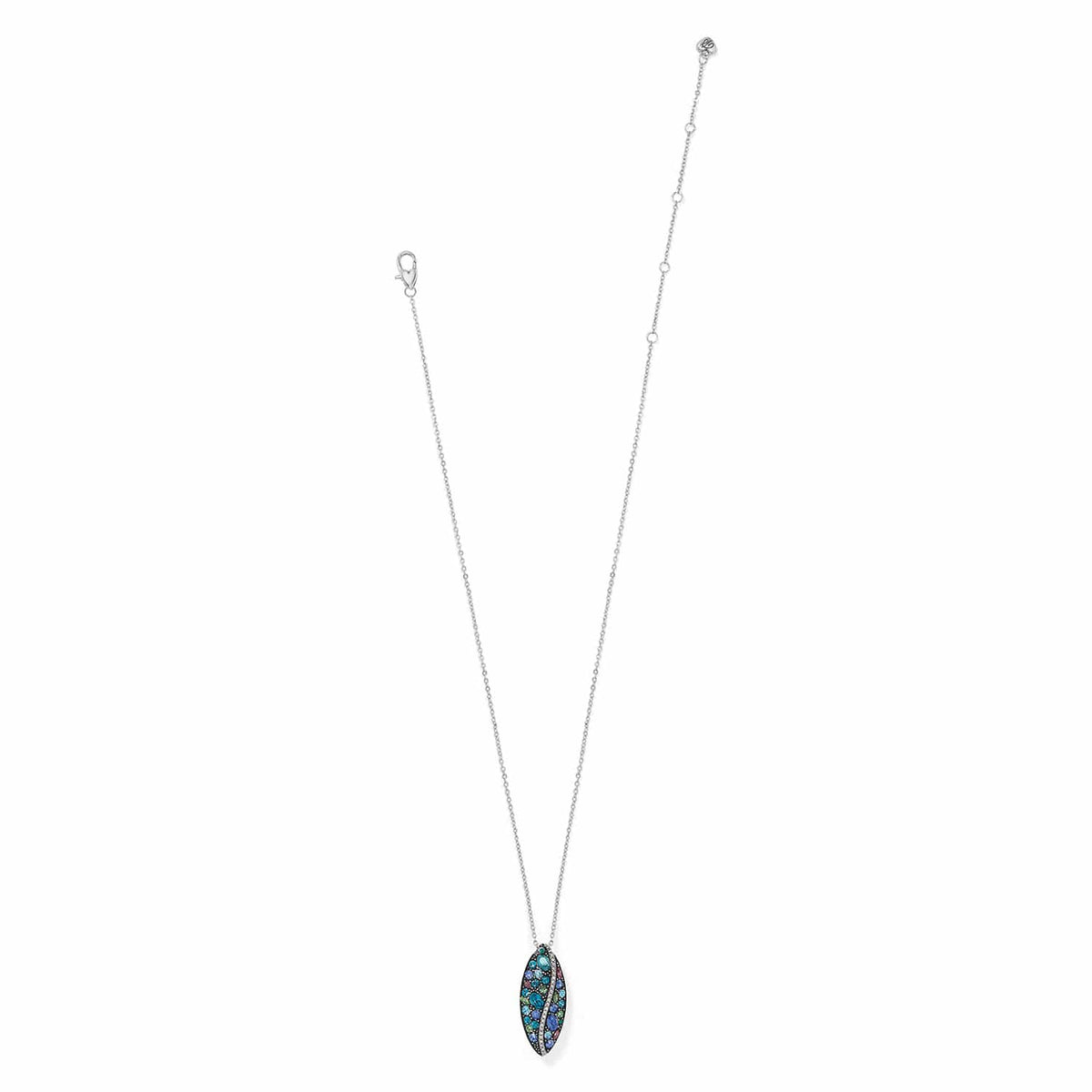 Brighton pendant necklace with silver-plated chain and marquise pendant featuring multicolored crystals on a white background