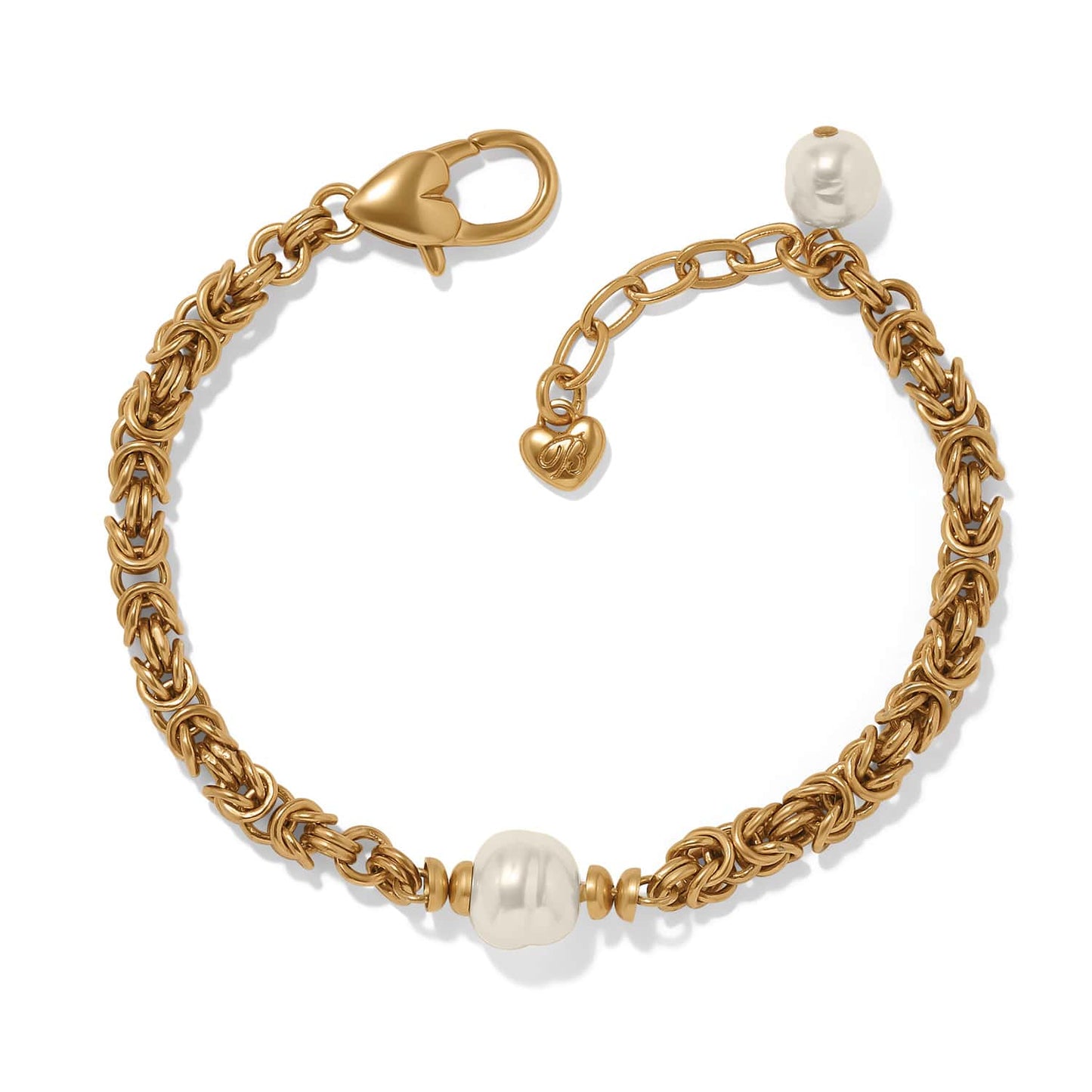 Brighton bracelet with gold-plated Byzantine chain, Japanese Baroque pearls, and heart-shaped lobster clasp on a white background