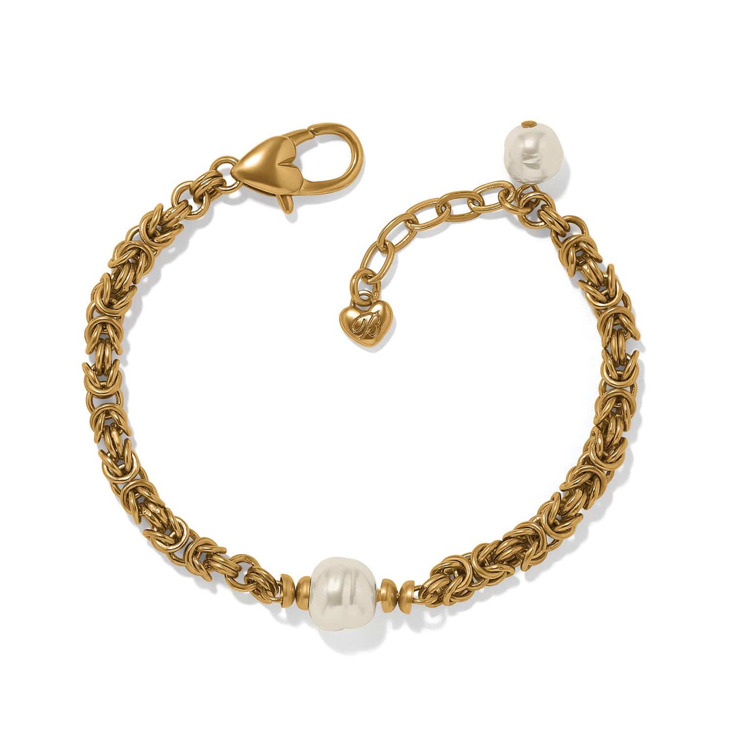 Brighton gold-plated byzantine chain bracelet with Japanese Baroque pearls and heart-detailed clasp on a white background