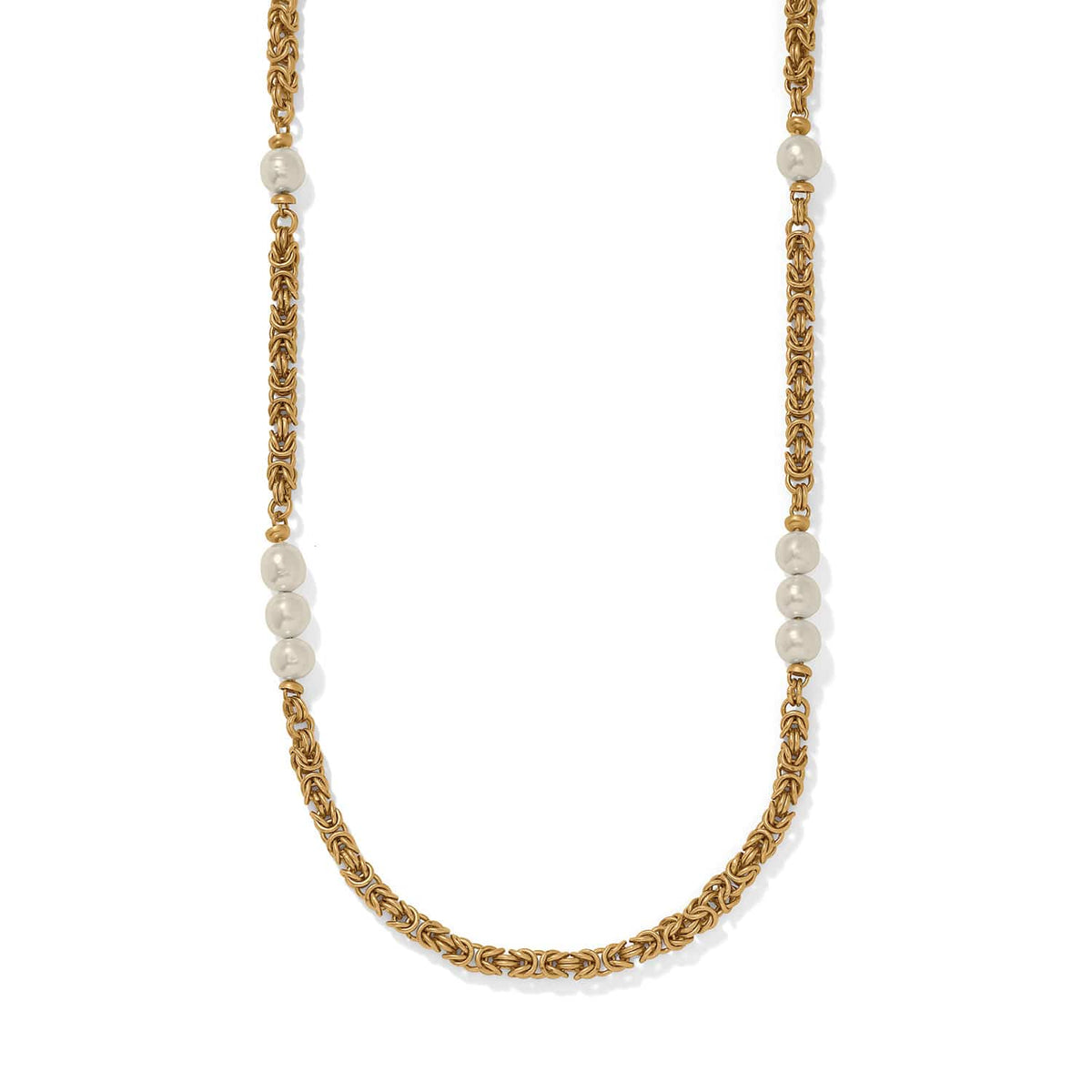Brighton necklace with gold-plated byzantine chain and Japanese baroque pearl accents on a white background