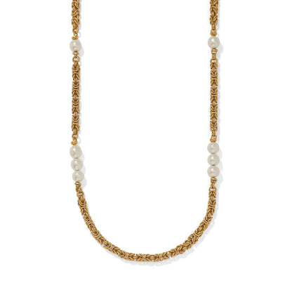 Brighton necklace with gold-plated byzantine chain and Japanese baroque pearl accents on a white background