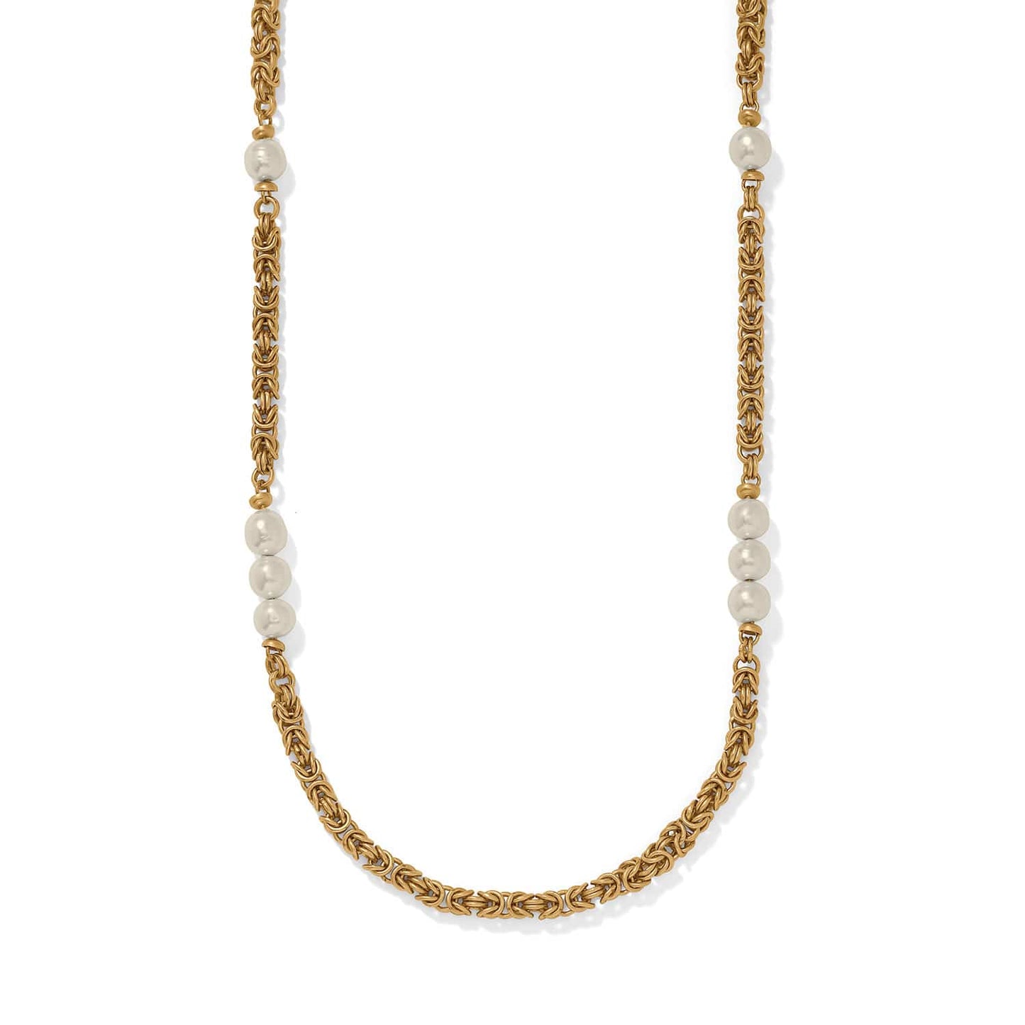 Brighton necklace with gold-plated byzantine chain and Japanese baroque pearl accents on a white background