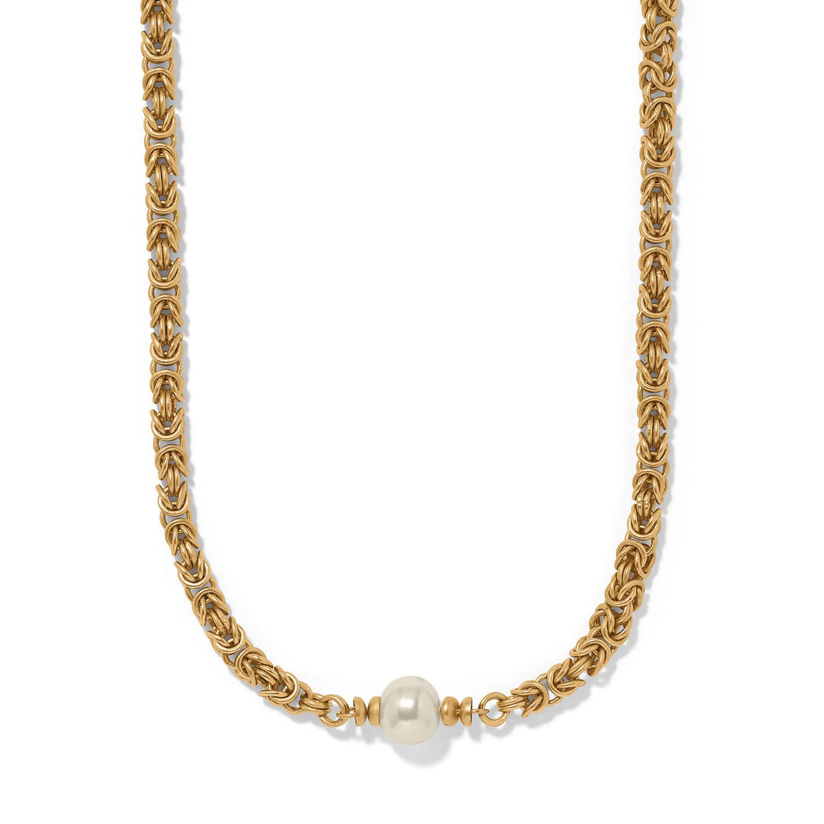 Brighton gold-plated Byzantine chain necklace with single Japanese Baroque pearl centerpiece on a white background