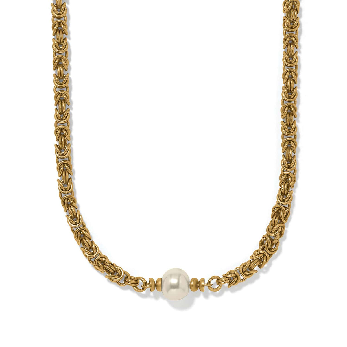 Brighton necklace with gold-plated Byzantine chain and single Japanese Baroque pearl pendant on a white background