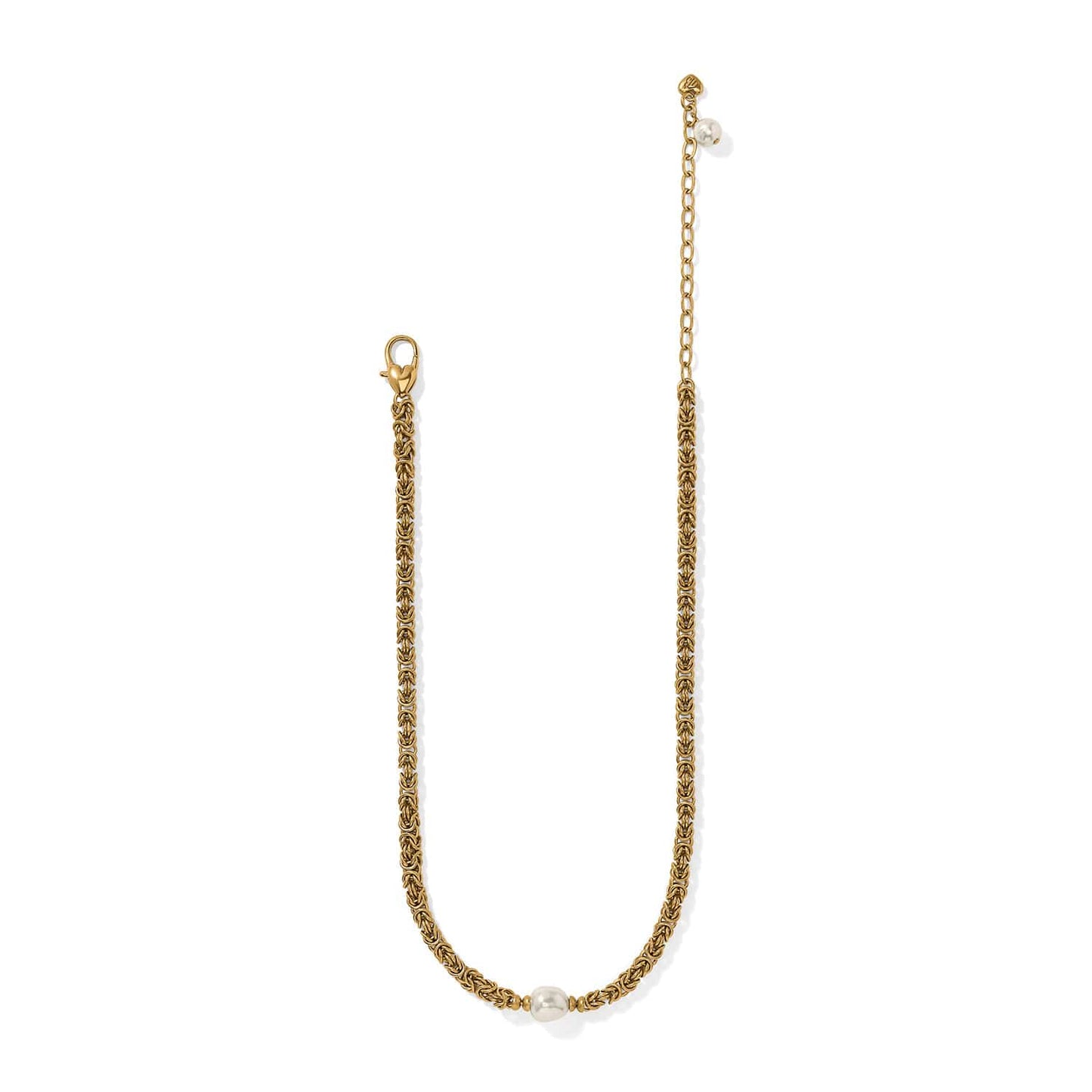 Brighton gold-plated byzantine chain necklace with Japanese baroque pearl accent and extender chain on a white background