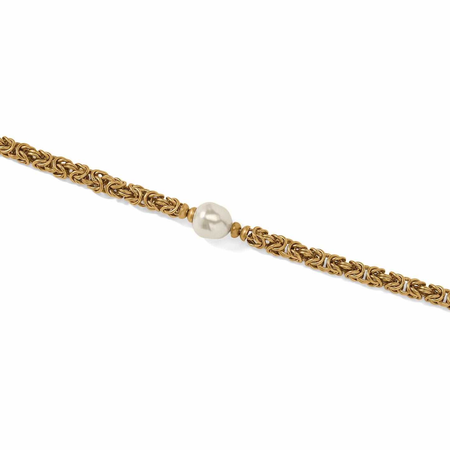 Brighton gold-plated byzantine chain bracelet with single Japanese baroque pearl accent at center on a white background