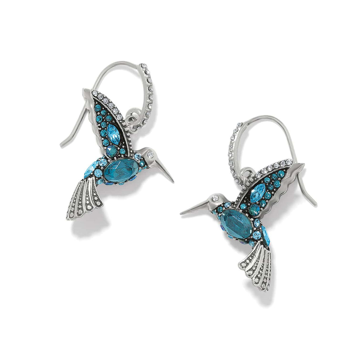 Brighton drop earrings shaped like hummingbirds with blue crystals and silver-plated finish on a white background