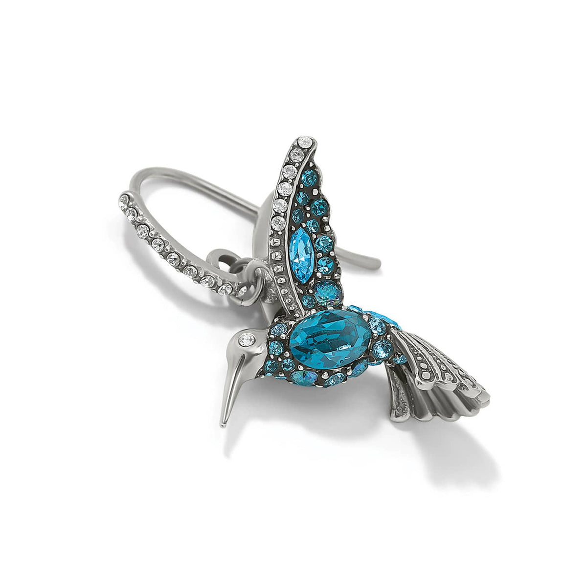 Brighton hummingbird charm earrings with blue and clear crystals and silver-plated finish on a white background