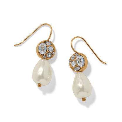 Brighton drop earrings with gold-plated crystal discs and baroque pearl drops on a white background