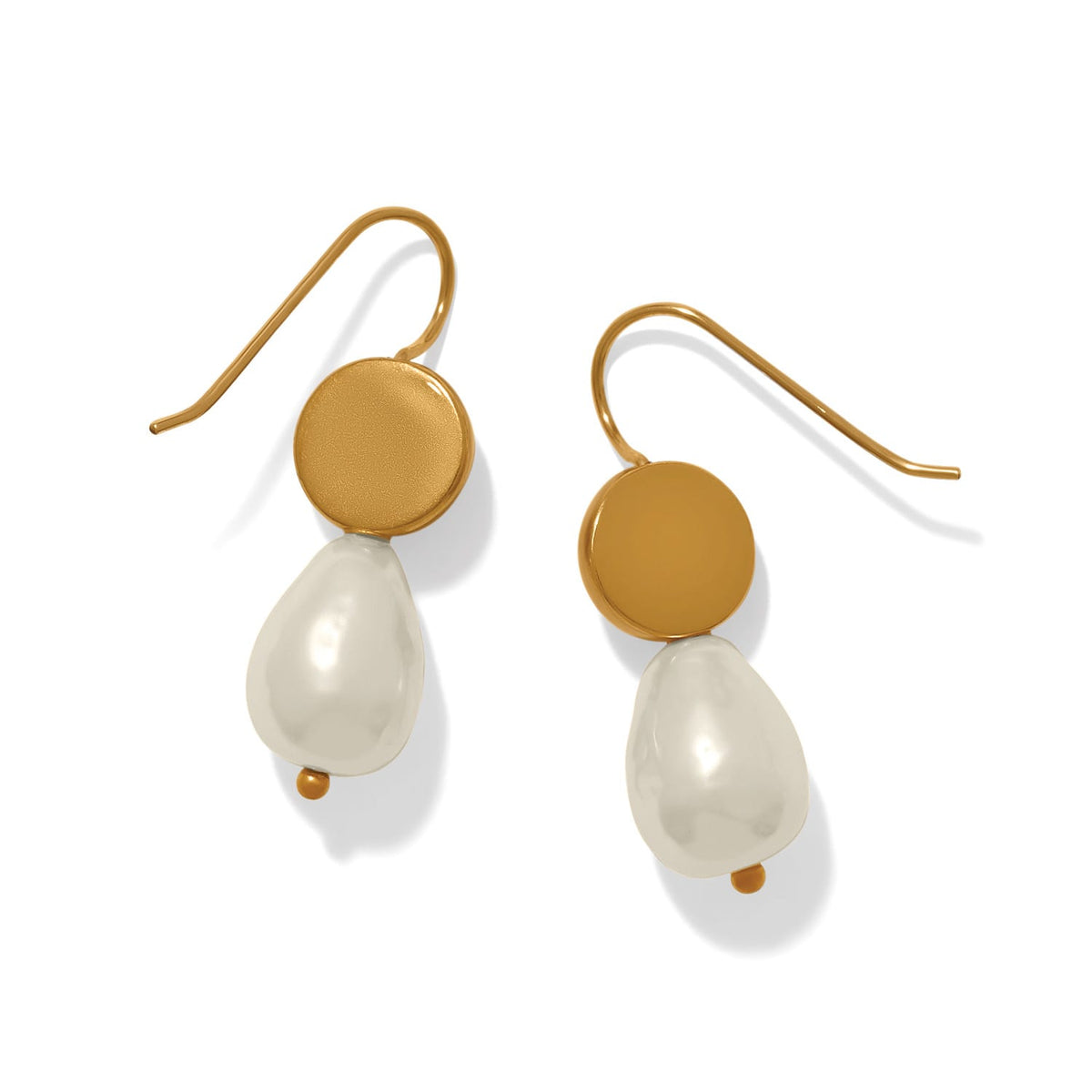Brighton drop earrings with gold-plated discs and baroque pearl dangles on a white background