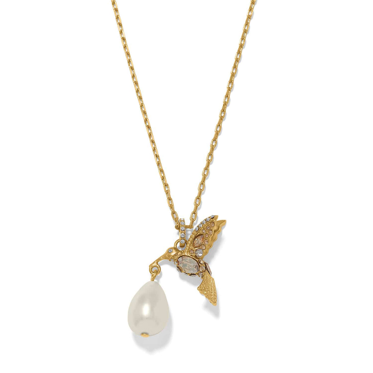 Brighton pendant necklace with gold-plated hummingbird, crystal accents, and baroque pearl drop on a white background