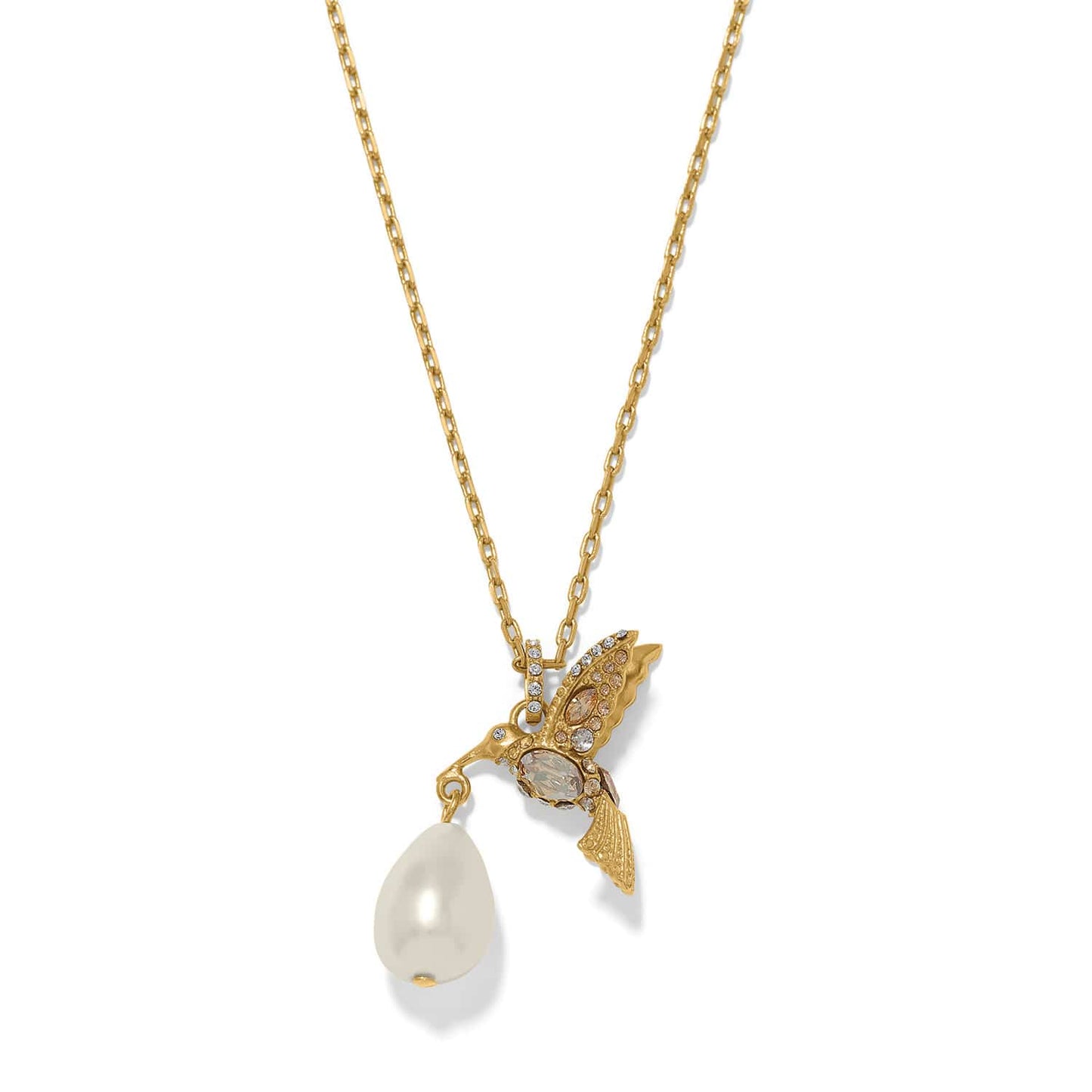 Brighton pendant necklace with gold-plated hummingbird, crystal accents, and baroque pearl drop on a white background