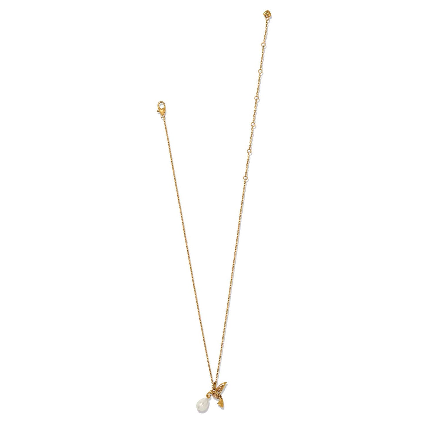 Brighton gold-plated pendant necklace with hummingbird charm, crystal accents, and baroque pearl drop on a white background
