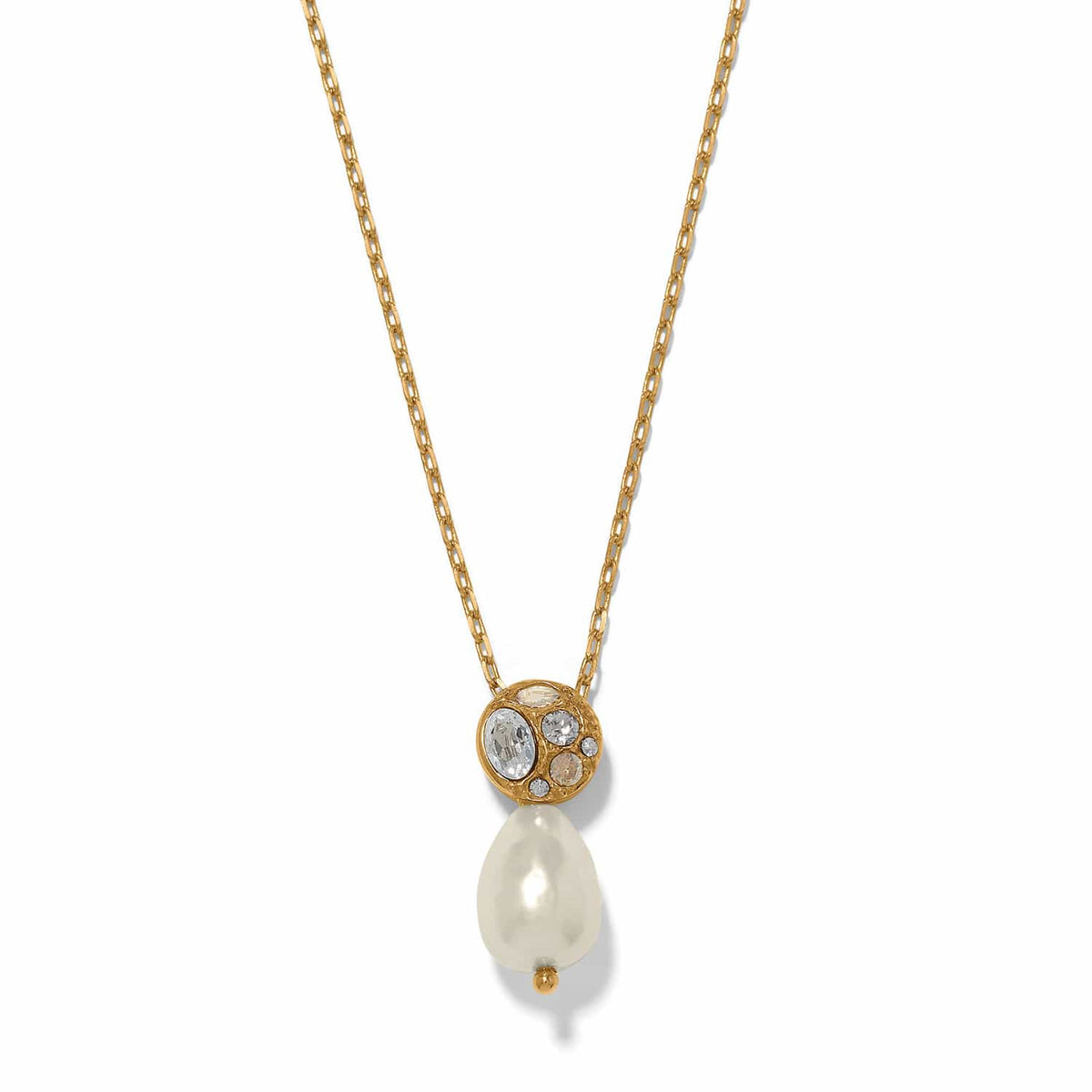 Brighton pendant necklace with gold-plated crystal cluster and baroque pearl drop on a white background