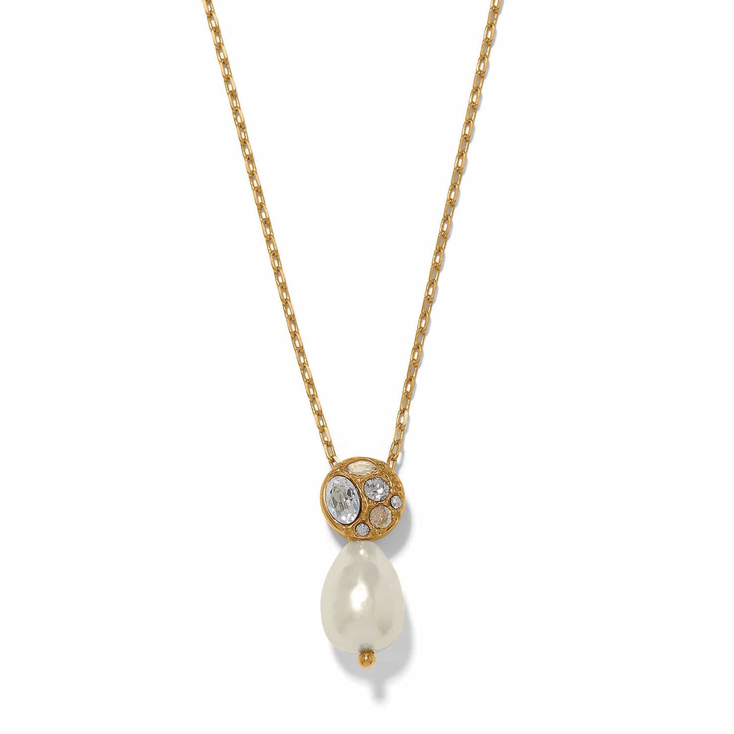 Brighton pendant necklace with gold-plated crystal cluster and baroque pearl drop on a white background