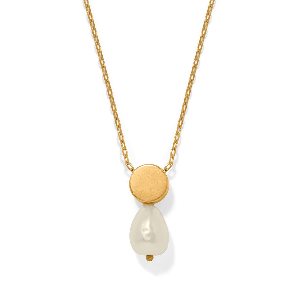 Brighton pendant necklace with gold-plated circular disc and baroque pearl drop on delicate chain on a white background