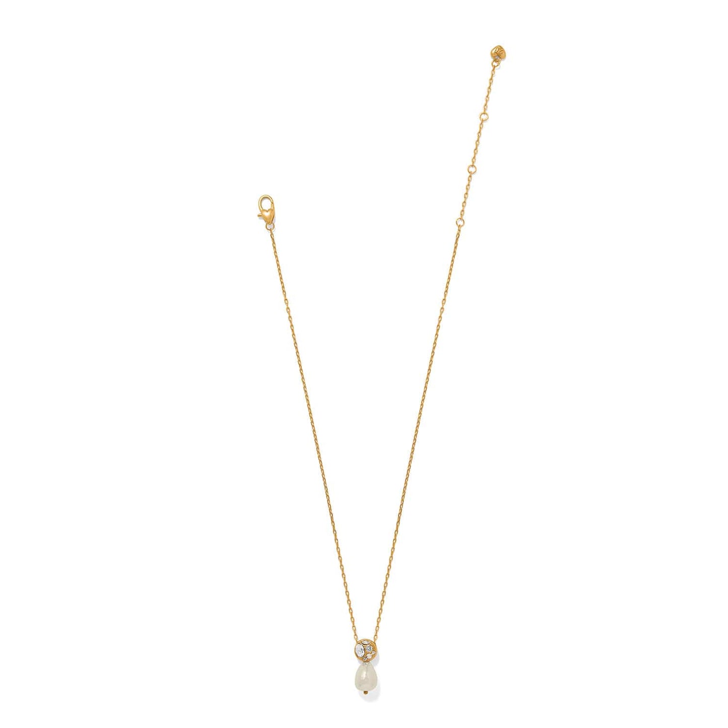 Brighton gold-plated pendant necklace with crystal-accented sphere and baroque pearl drop on a white background