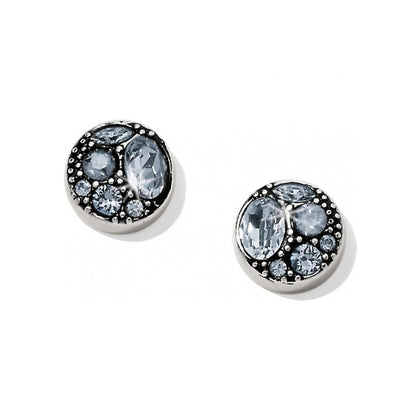Brighton stud earrings with clustered light blue crystals and silver-plated beaded settings on a white background