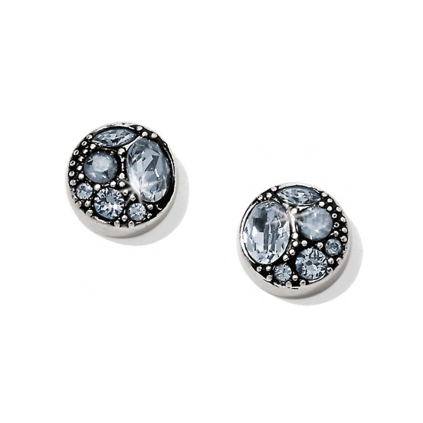 Brighton stud earrings with clustered light blue crystals and silver-plated beaded settings on a white background