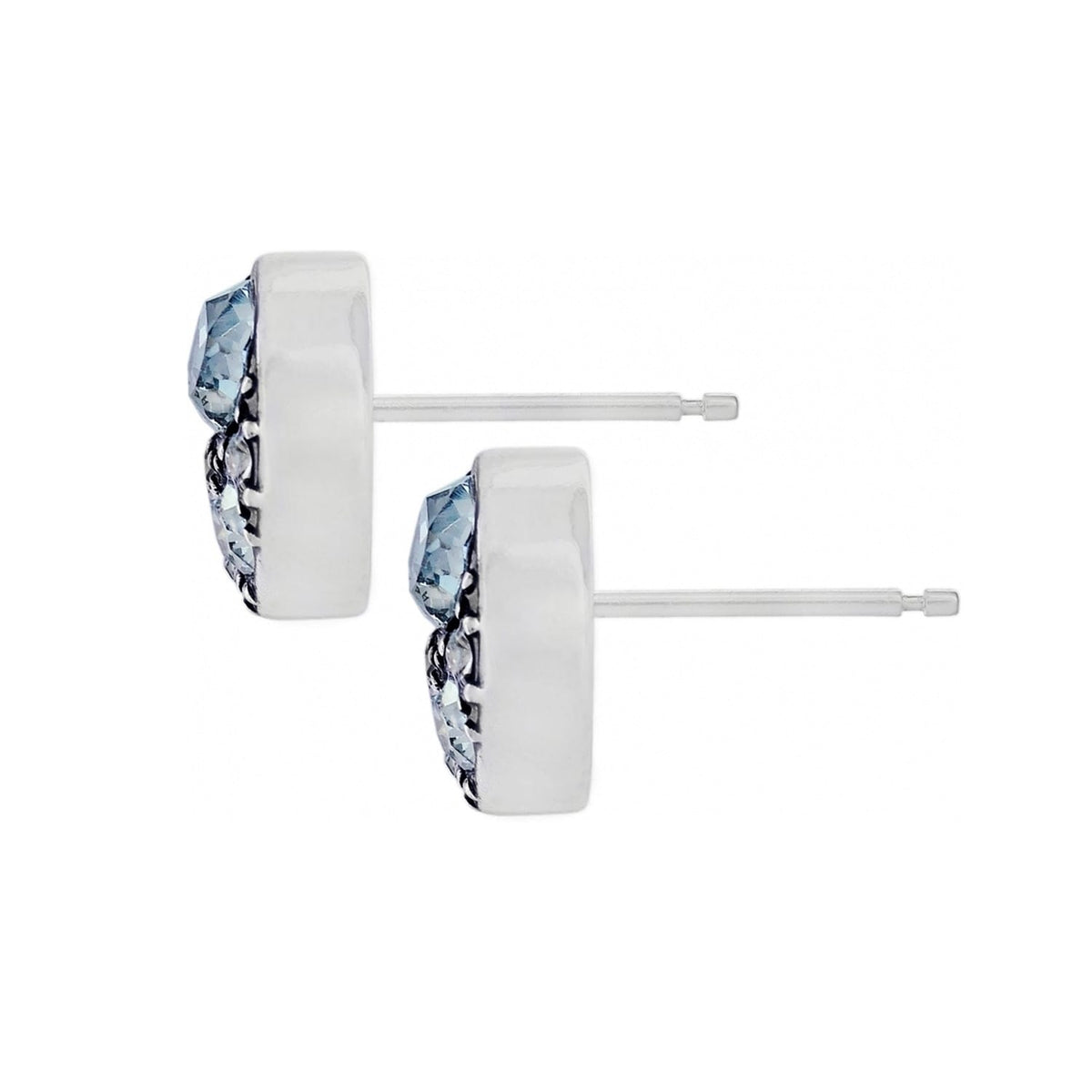 Brighton stud earrings shown from the side with blue crystals and silver-plated posts on a white background