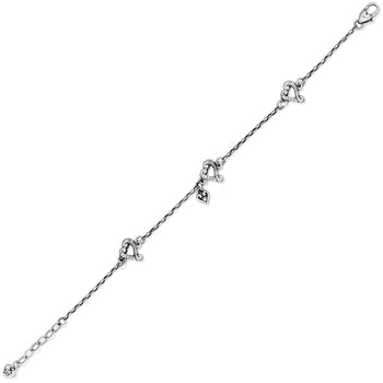 Brighton silver-plated charm bracelet with heart charms and crystal accents on delicate chain on a white background