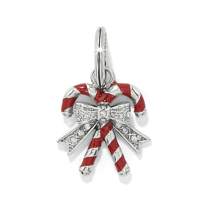 Brighton charm with red and silver-plated candy canes tied with crystal-accented enamel bow on a white background