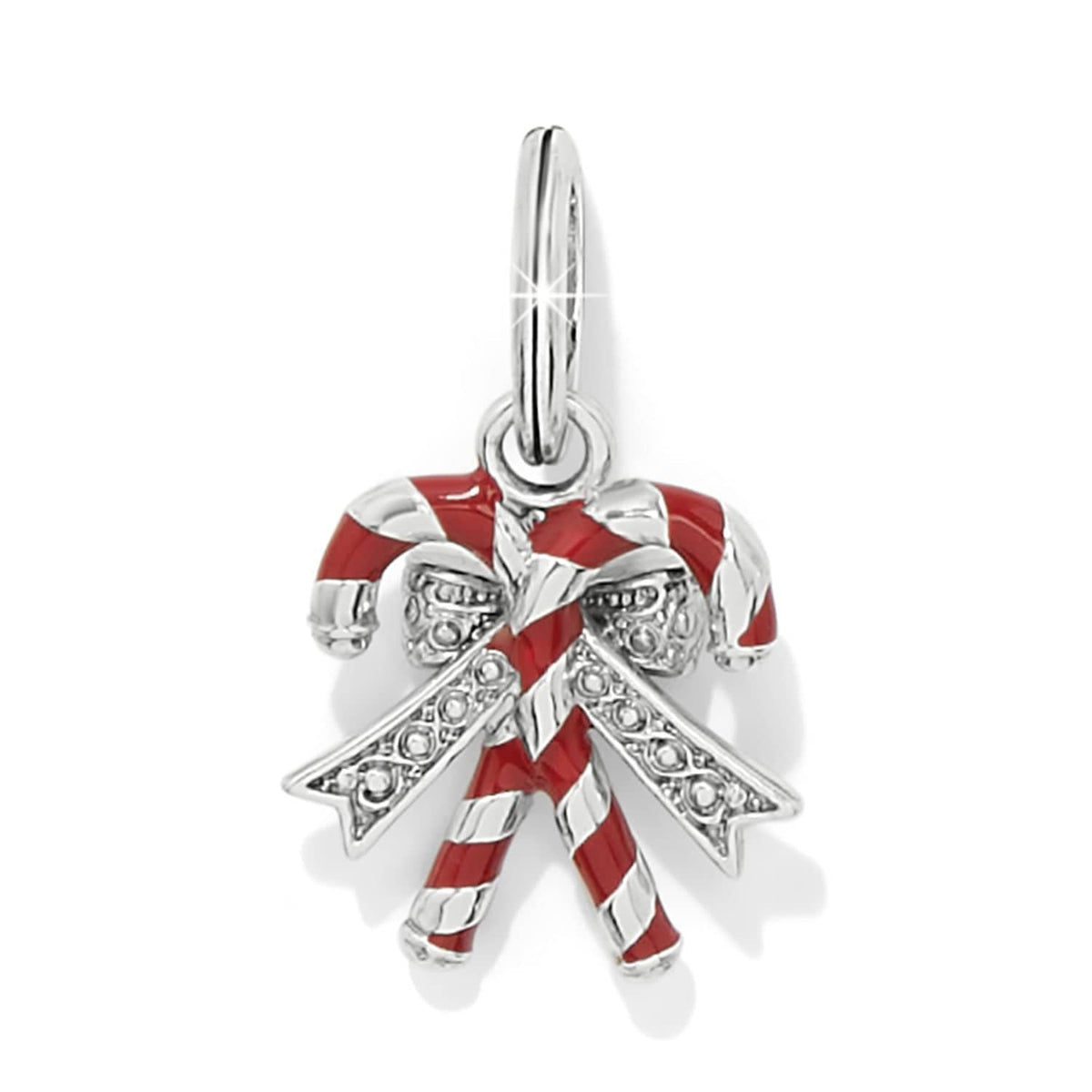 Brighton silver-plated candy cane charm with red enamel stripes and crystal-accented bow on a white background