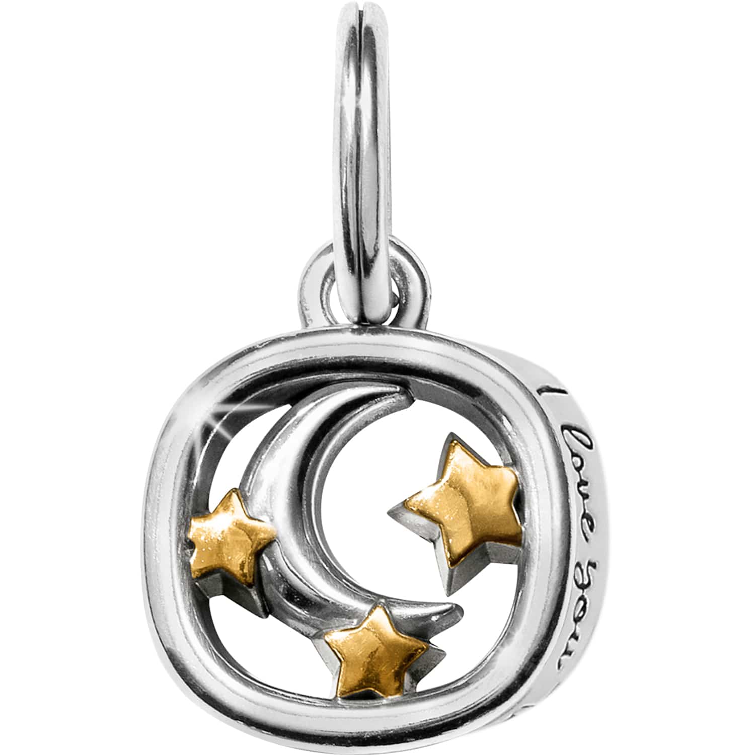 Brighton charm with silver-tone crescent moon, gold-tone stars, and engraved I love you inscription on a white background