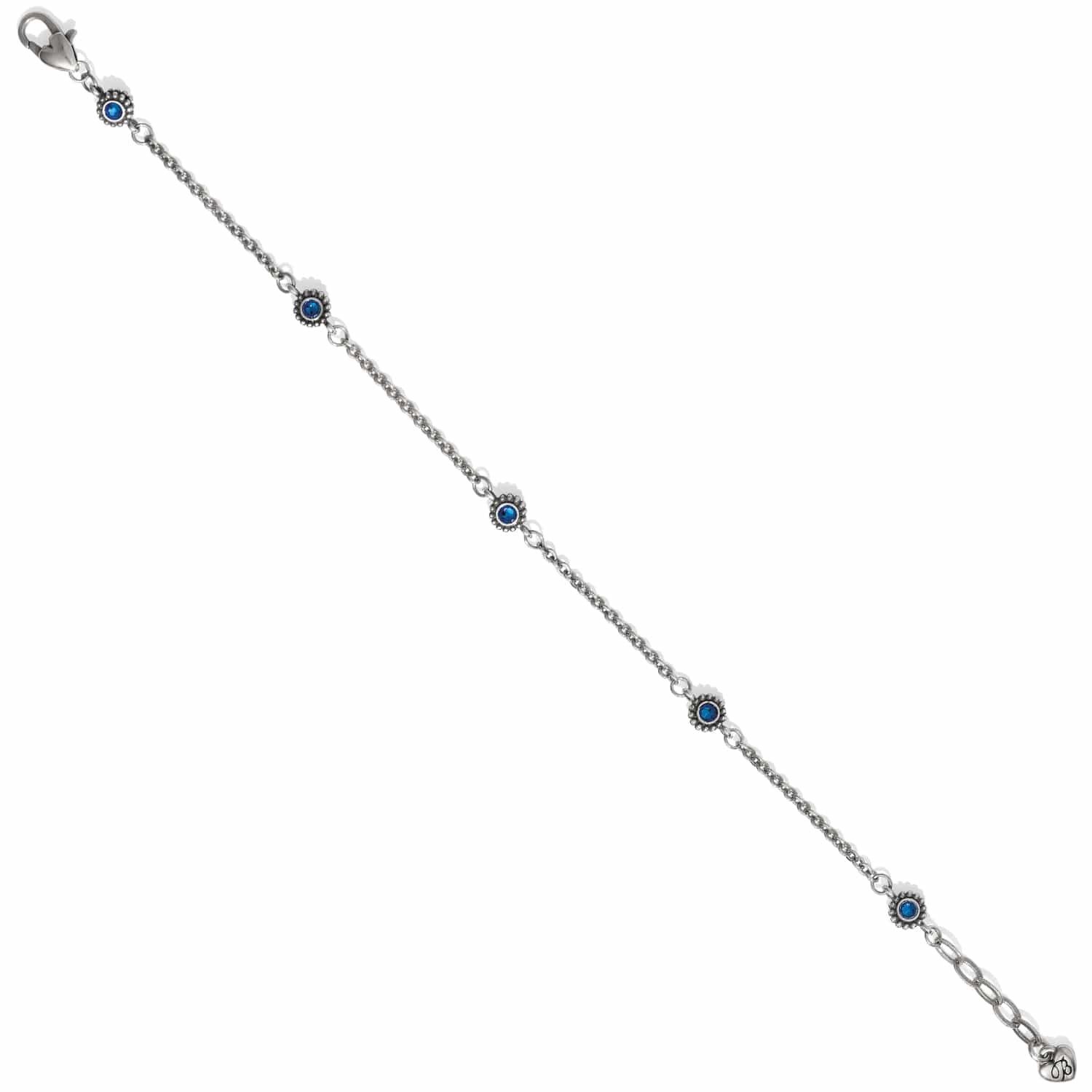 Brighton silver-plated bracelet with blue crystal stations and lobster clasp on a white background