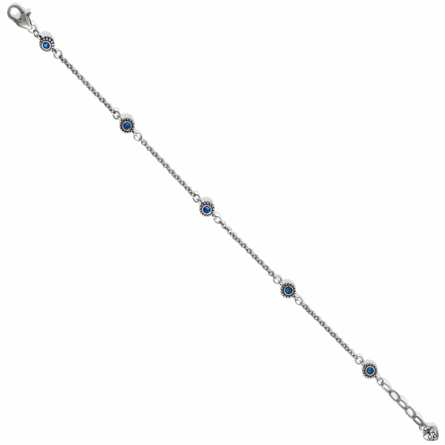 Brighton silver-plated bracelet with blue crystal stations and lobster clasp on a white background