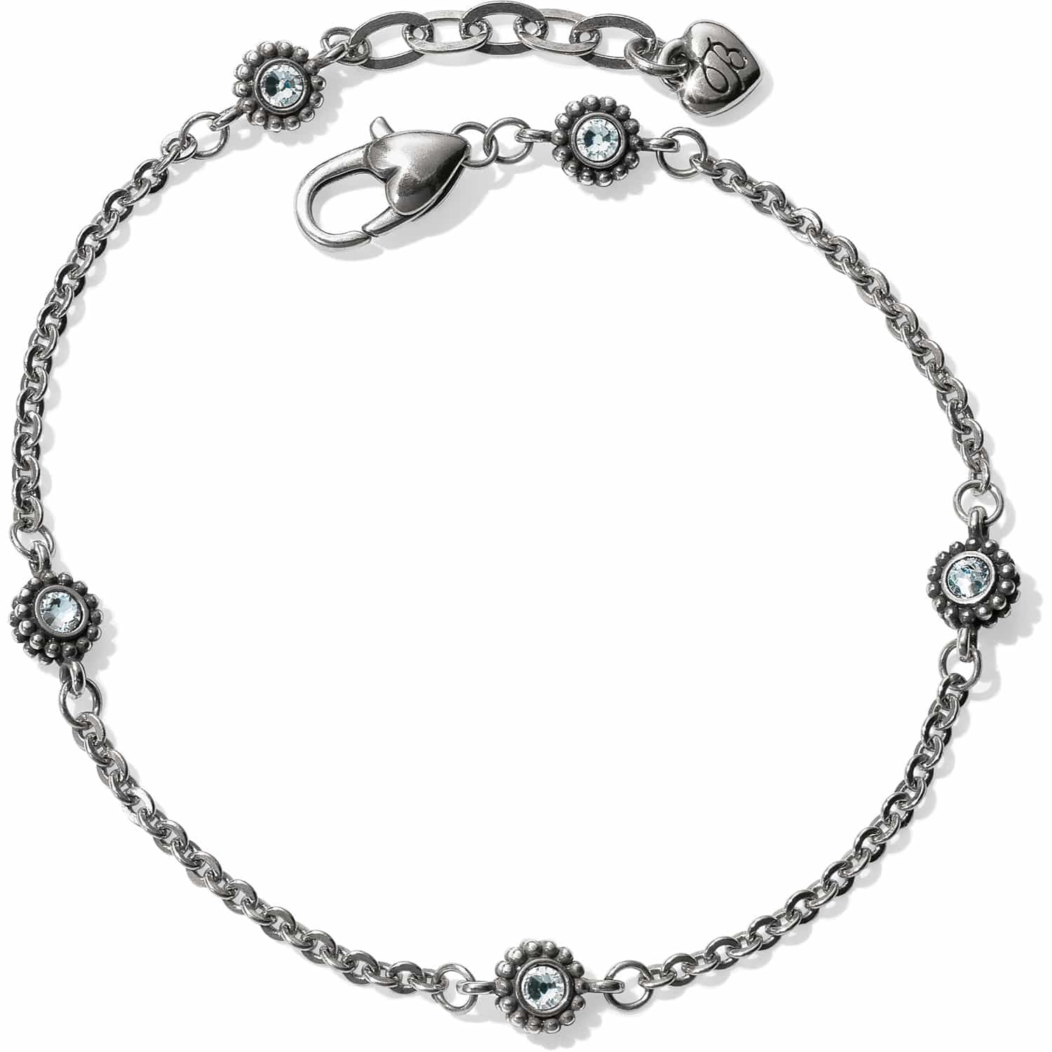 Brighton silver-plated chain bracelet with four light blue crystal floral stations and lobster clasp on a white background