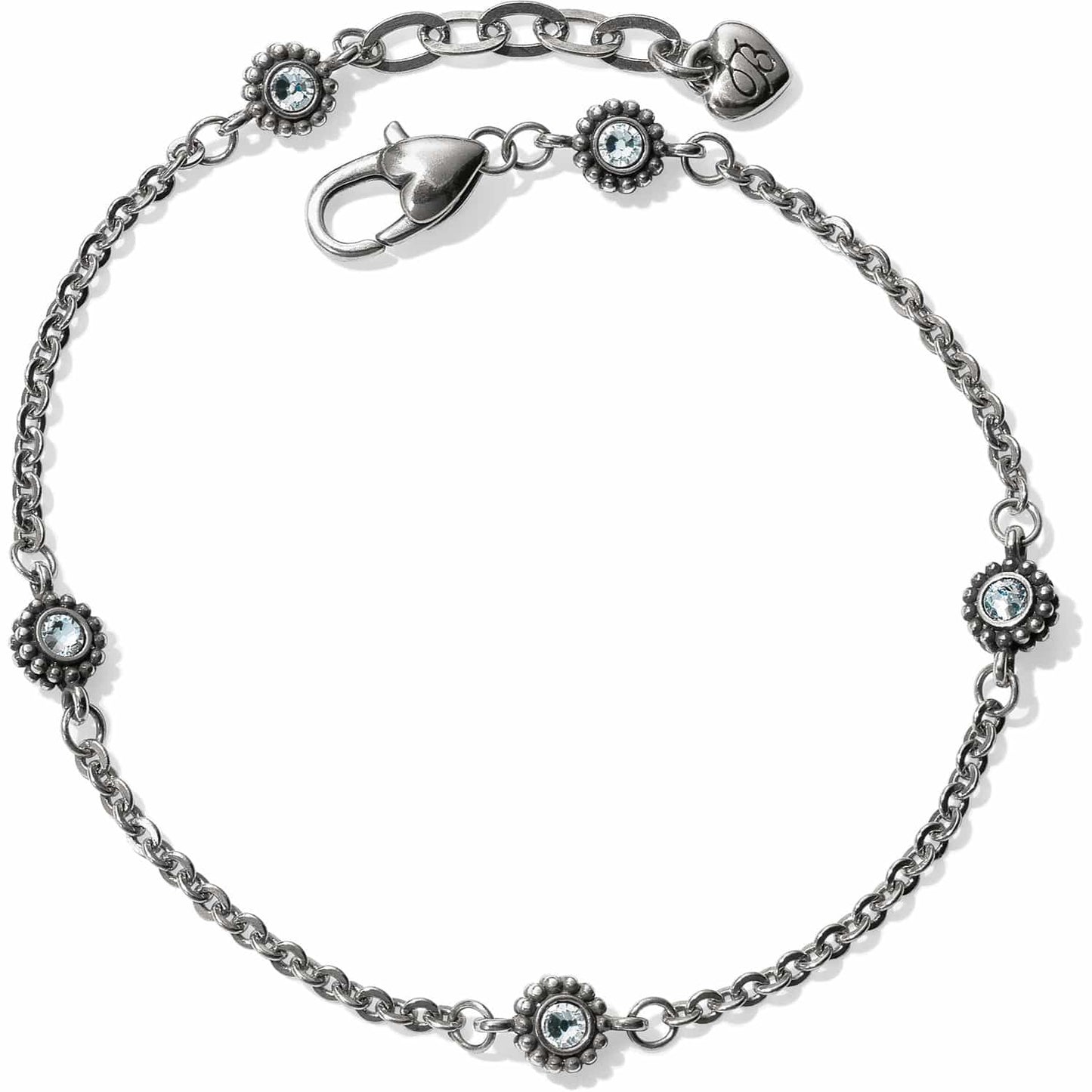 Brighton silver-plated chain bracelet with four light blue crystal floral stations and lobster clasp on a white background