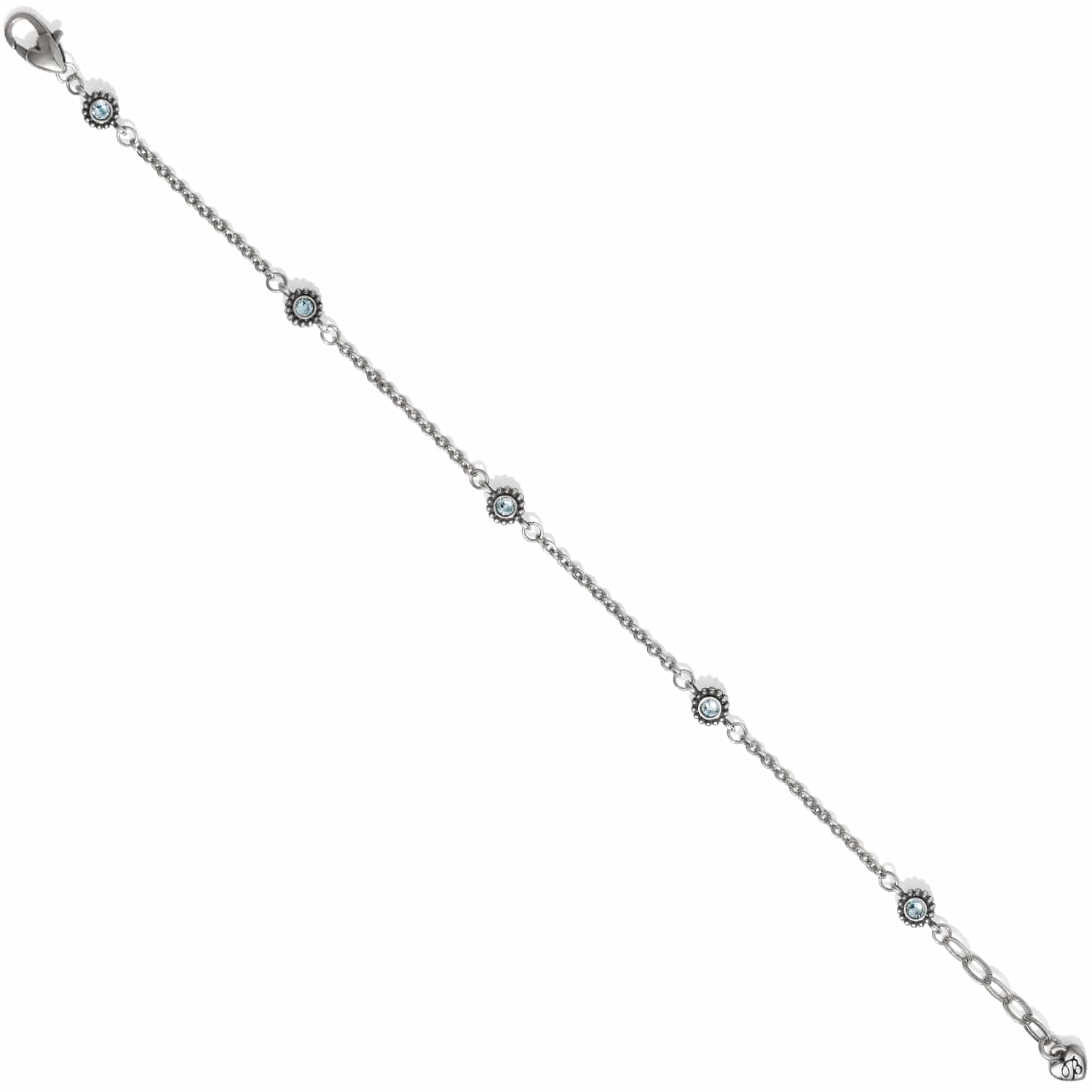 Brighton silver-plated chain bracelet with light blue crystal station accents and lobster clasp on a white background