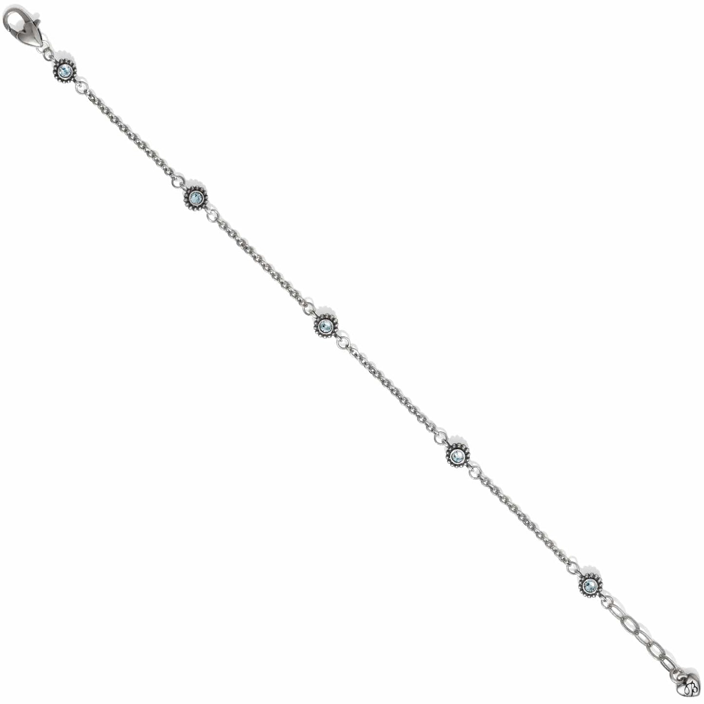 Brighton silver-plated chain bracelet with light blue crystal station accents and lobster clasp on a white background