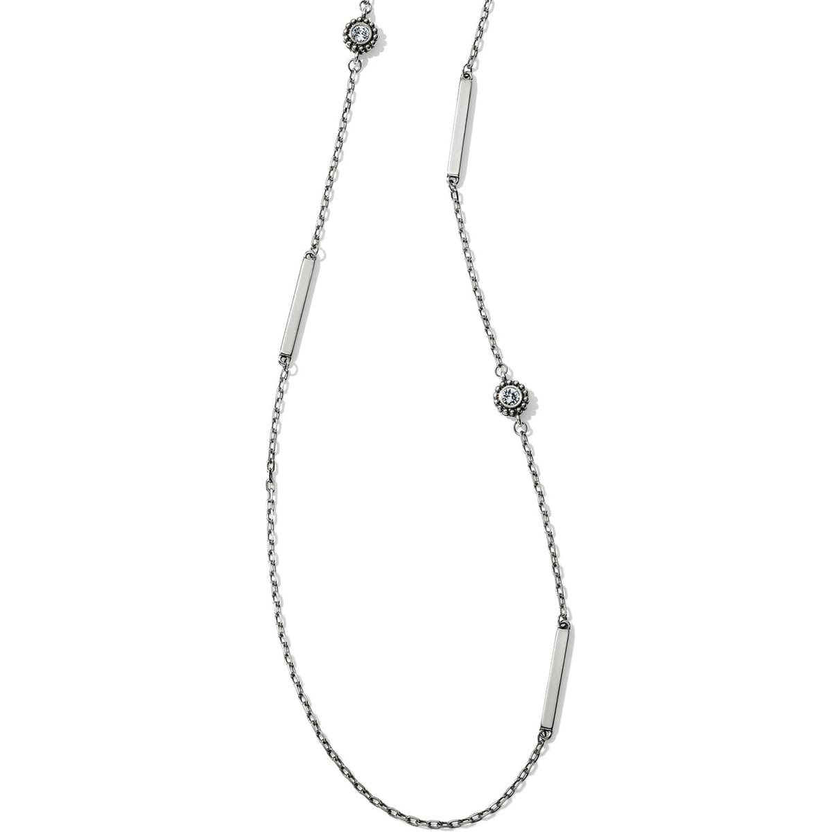 Brighton silver-plated station necklace with crystal accents and polished bar links on a white background