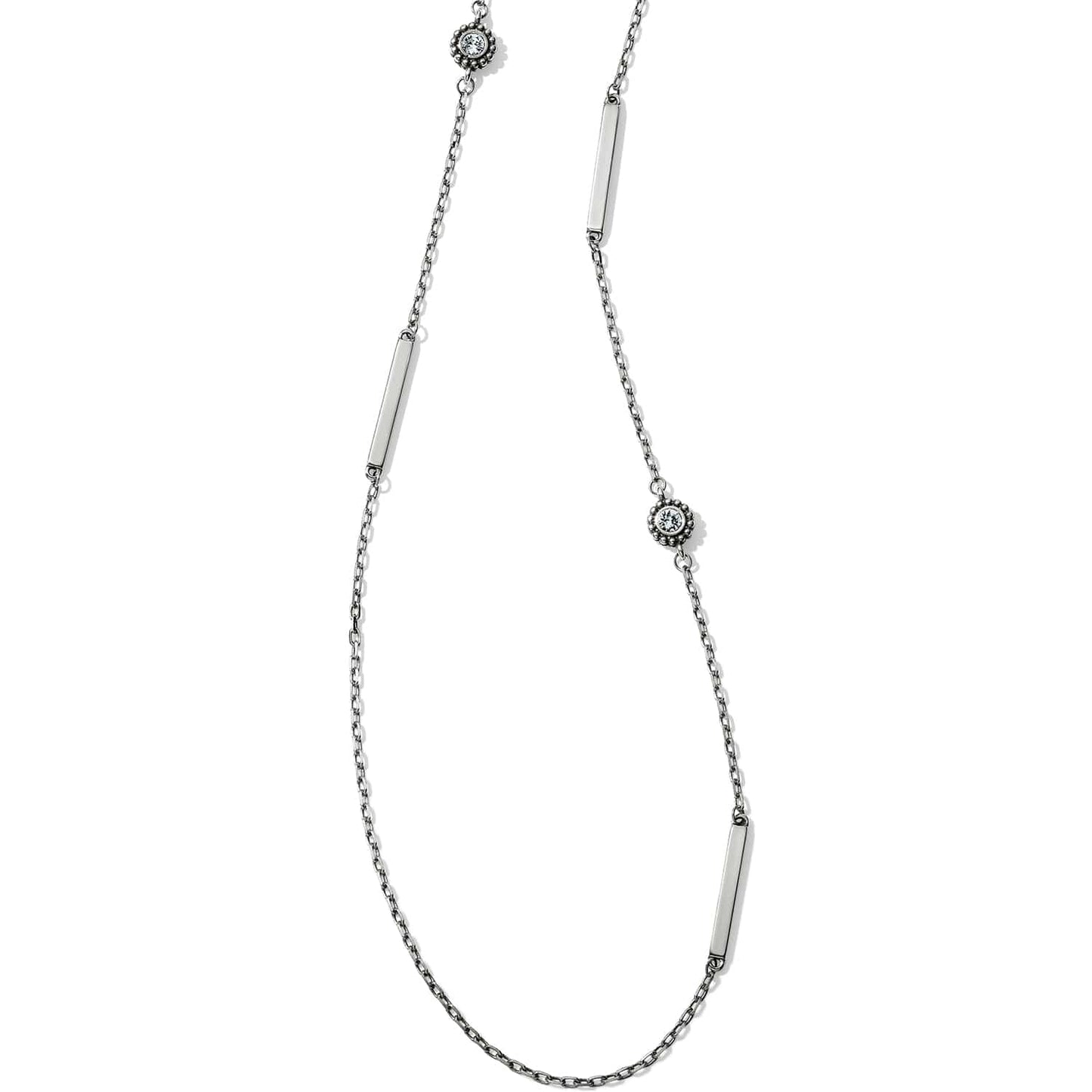 Brighton silver-plated station necklace with crystal accents and polished bar links on a white background