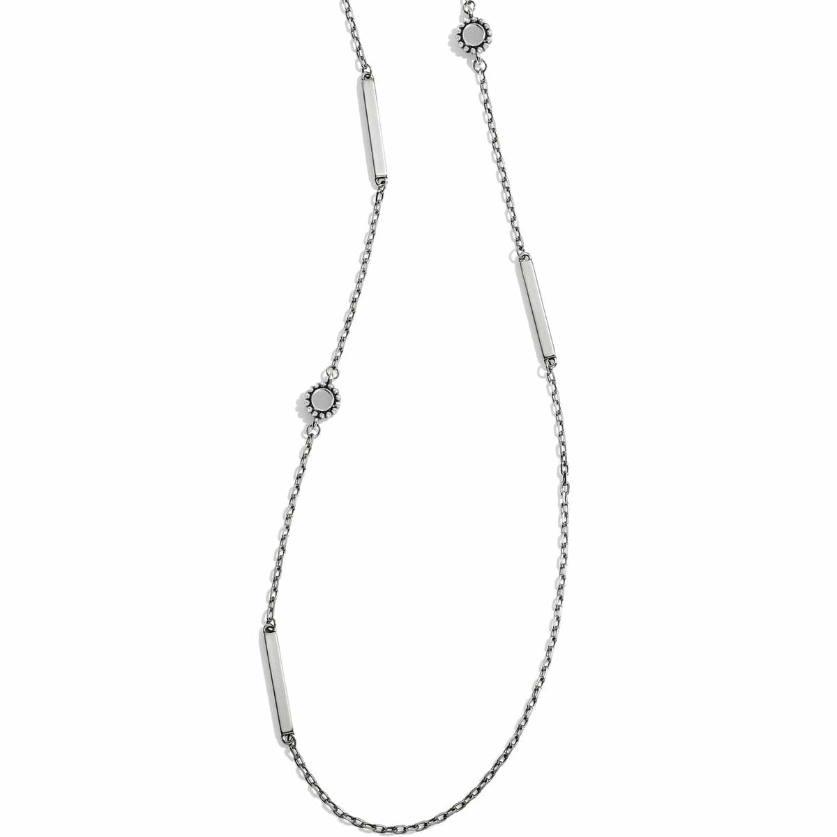 Brighton silver-plated station necklace with polished bars and beaded circular accents on a white background